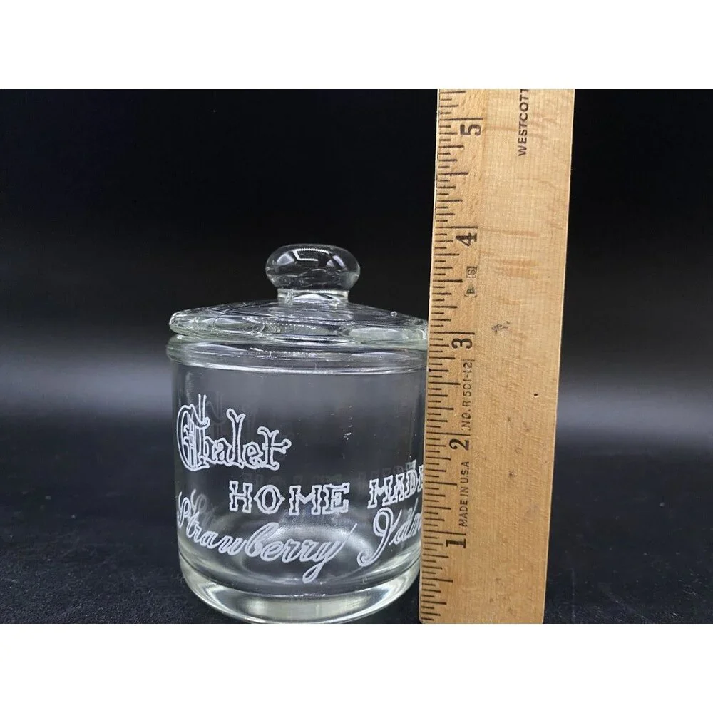 Chalet Strawberry Jam Clear Jar Canister Notched Lid Antique READ
